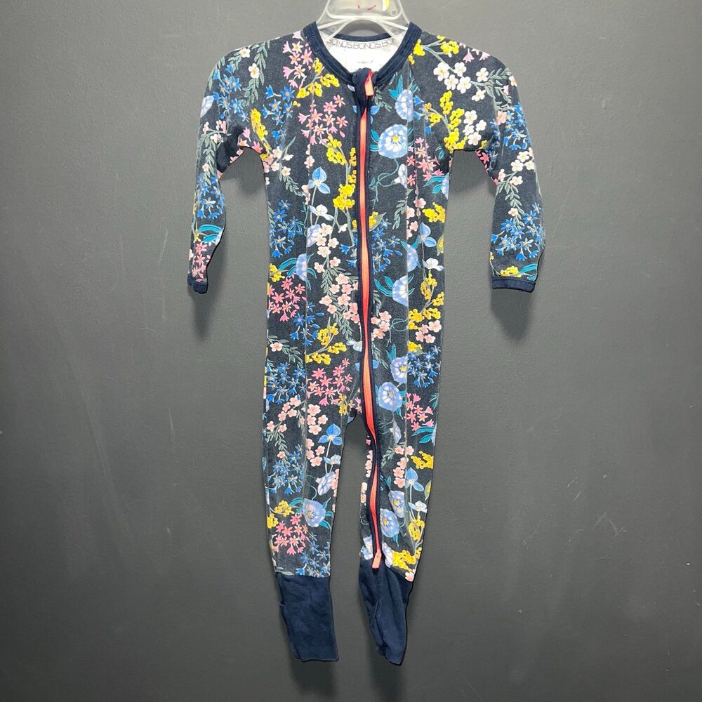 Bond Bodysuit 12-18m Zip Up Footless Floral Blue Cotton Elastane  Size 1